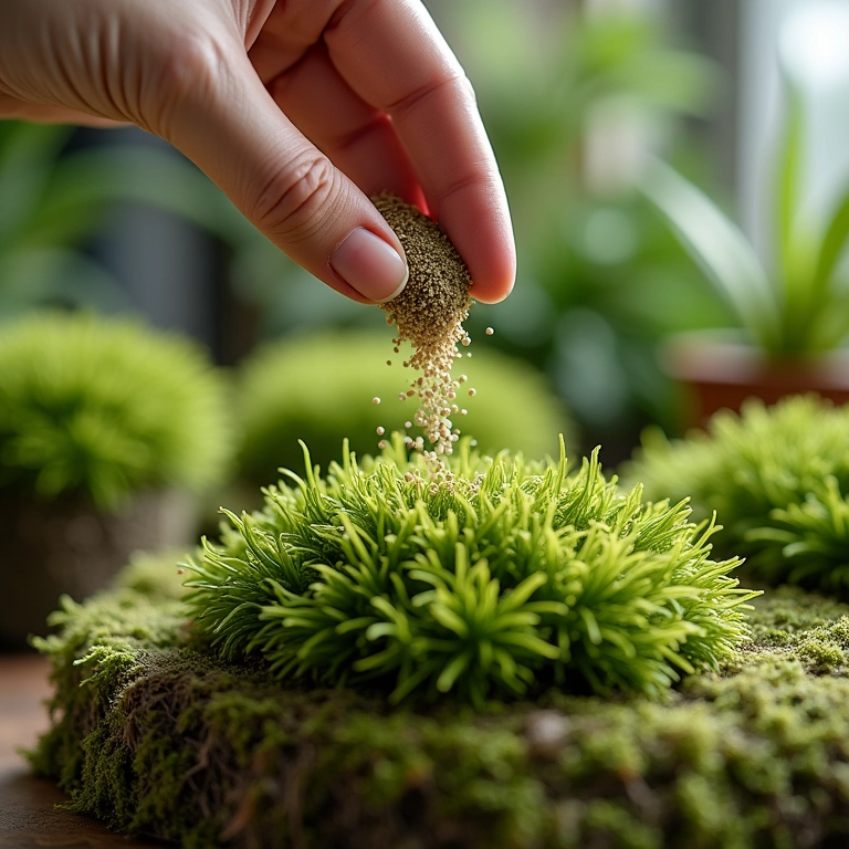 Mão aplicando adubo em kokedama, close-up.