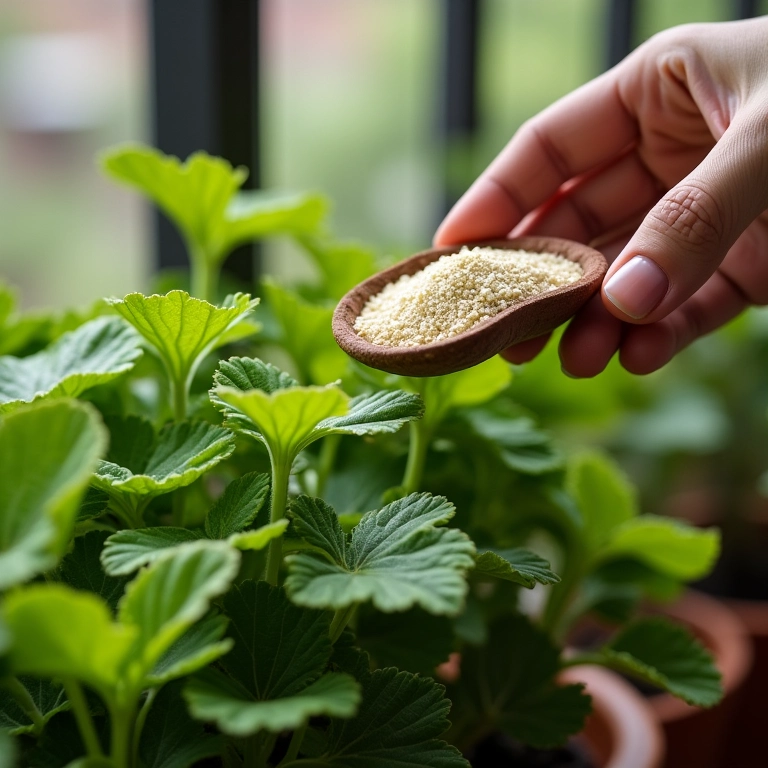 Mão aplicando adubo em um gerânio em vaso.