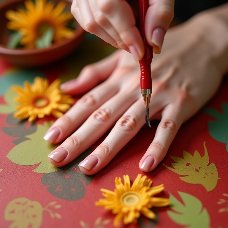 Mão aplicando base de qualidade nas unhas em ambiente colorido.