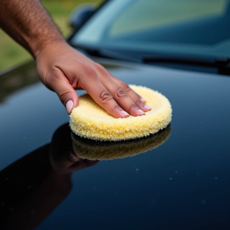 Mão aplicando cera em movimento circular na lataria preta de um carro.