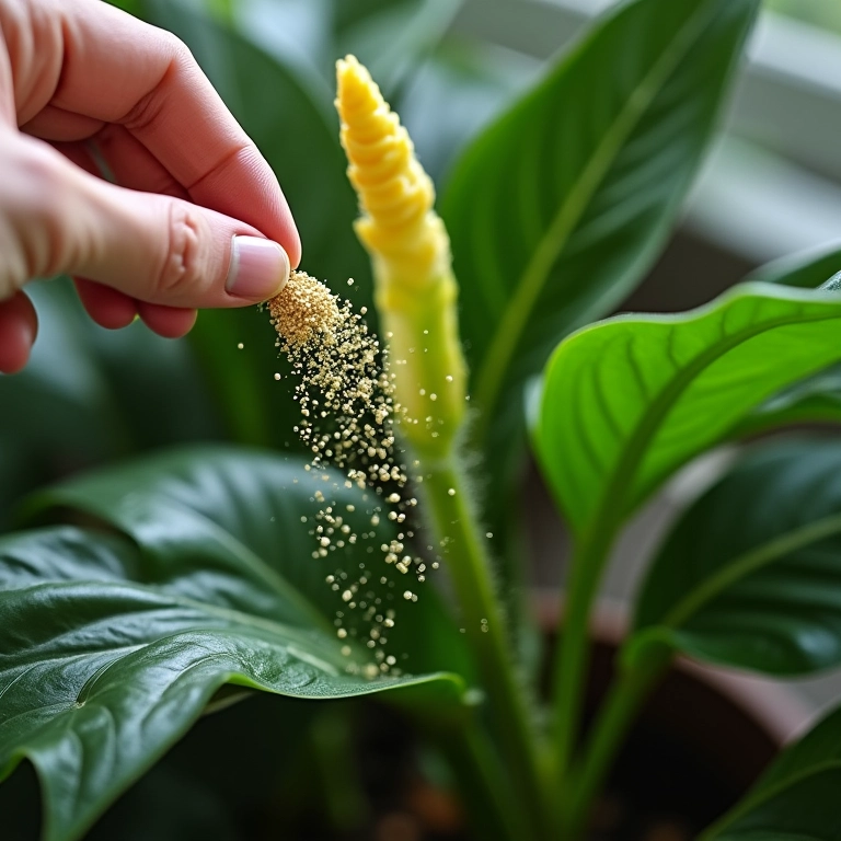 Mão aplicando fertilizante ao redor de um antúrio saudável, mostrando folhas e flores.