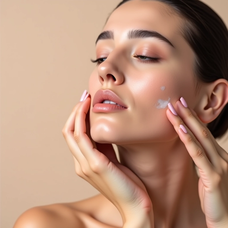 Mão aplicando pequena quantidade de dermocosmético no rosto.