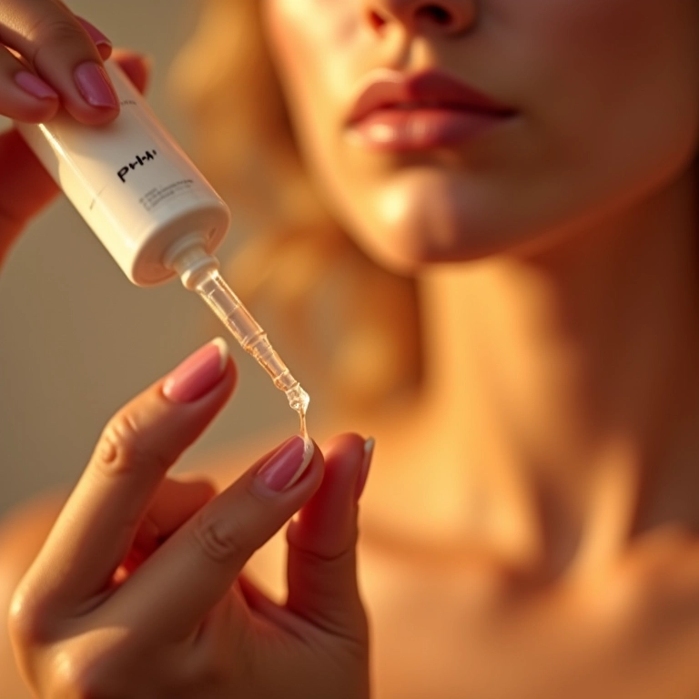 Mão aplicando sérum facial com PHA, mostrando a textura e o brilho da pele.