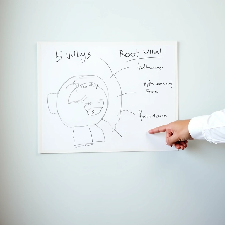 Mão apontando para diagrama dos '5 Porquês' em quadro branco.