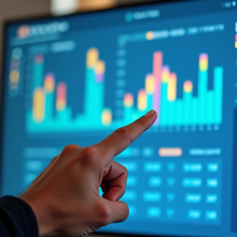 Mão apontando para gráfico de estatística descritiva em dashboard colorido.