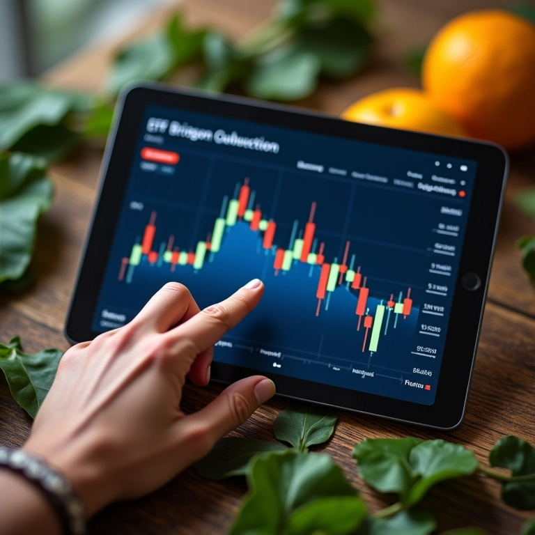 Mão apontando para gráfico de índice ETF em um tablet.