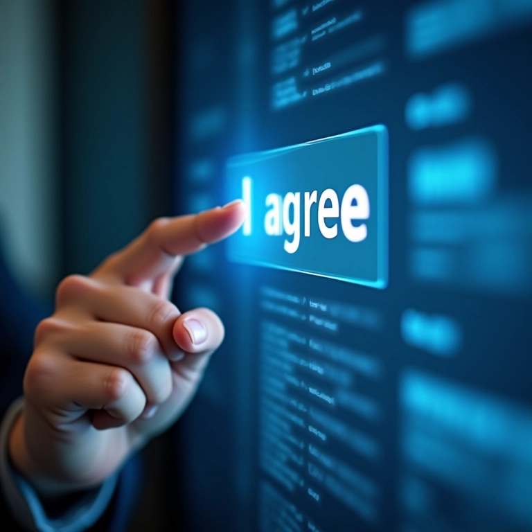 Mão clicando em 'Eu Concordo' em um formulário de consentimento digital.