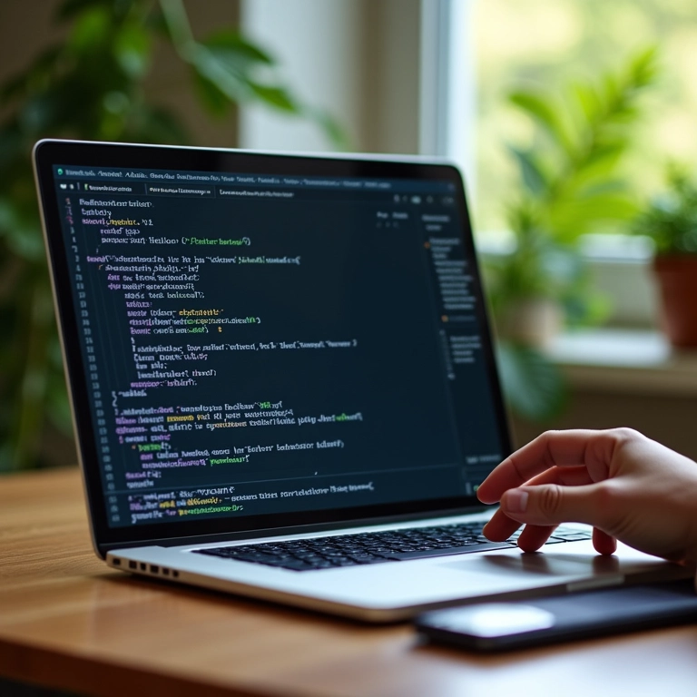 Mão codificando HTML para tabela de análise de dados em tela de laptop.