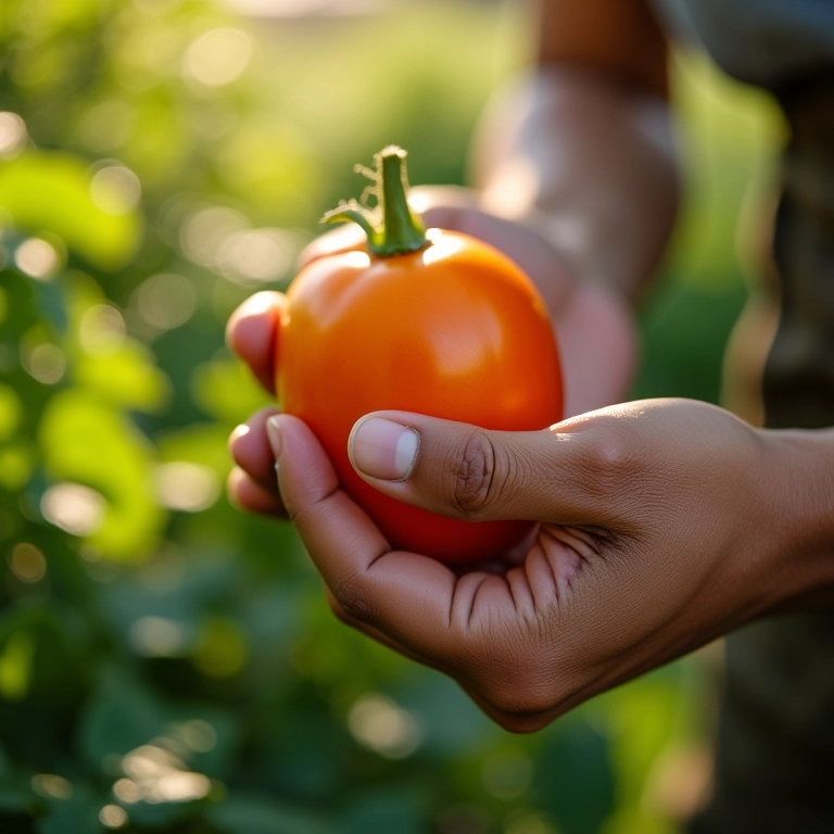 Mão colhendo jiló fresco em horta caseira.