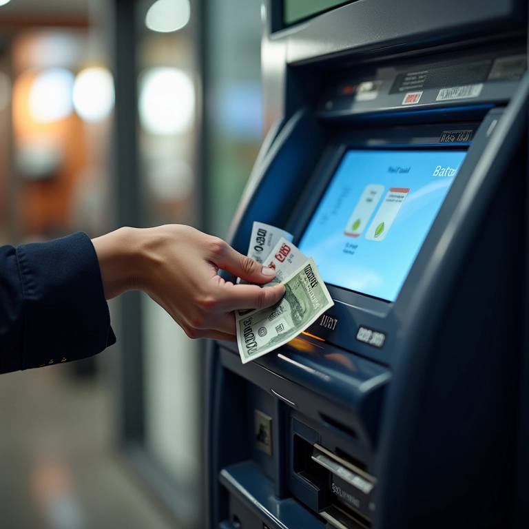 Mão colocando contas em máquina de pagamento automático em banco brasileiro.