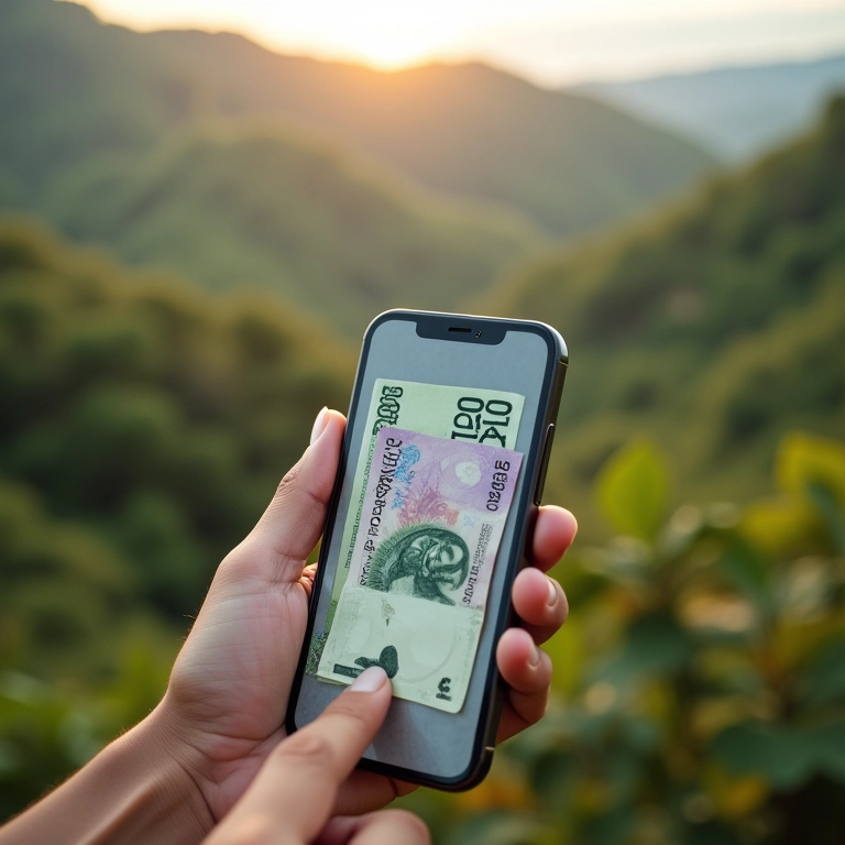 Mão colocando notas em app de investimento com paisagem brasileira ao fundo.