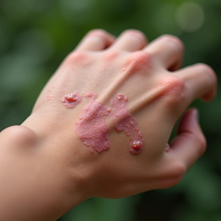 Mão com psoríase pustulosa, mostrando as pústulas inflamadas.