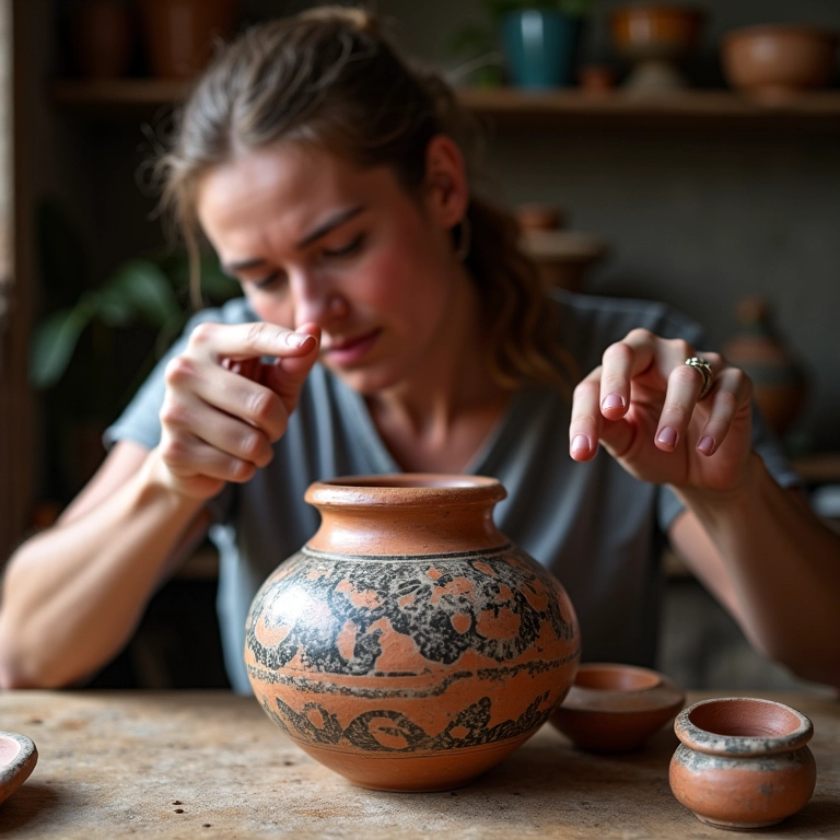 Mão de especialista apontando para vaso pintado, explicando técnicas.