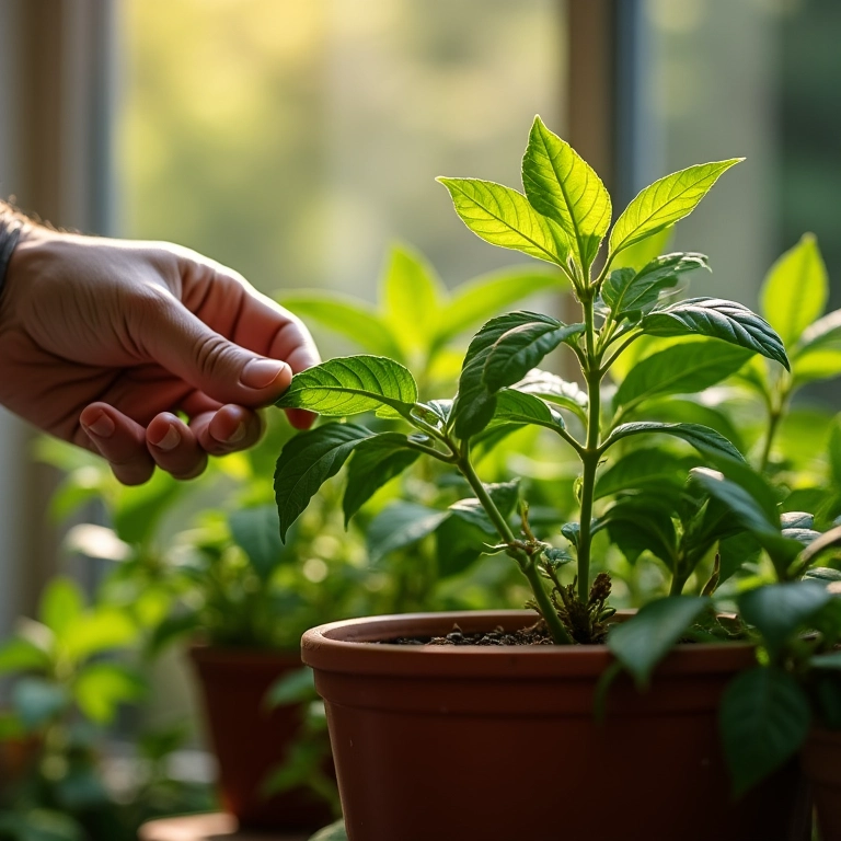 Mão de especialista podando erva cidreira em vaso.