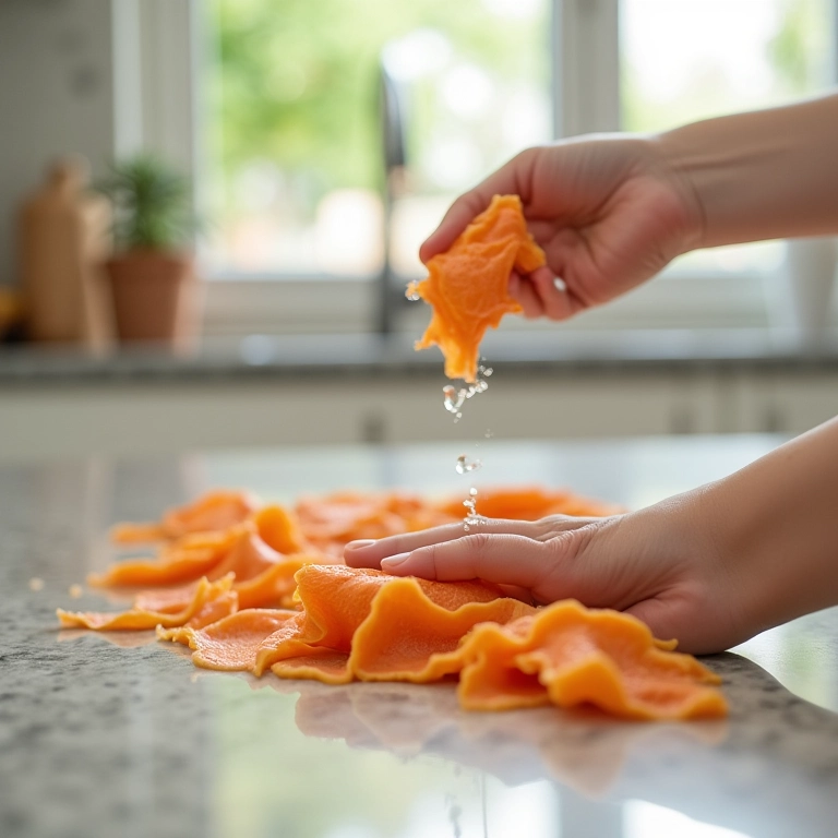 Mão descascando um chuchu sob água corrente em uma cozinha moderna.