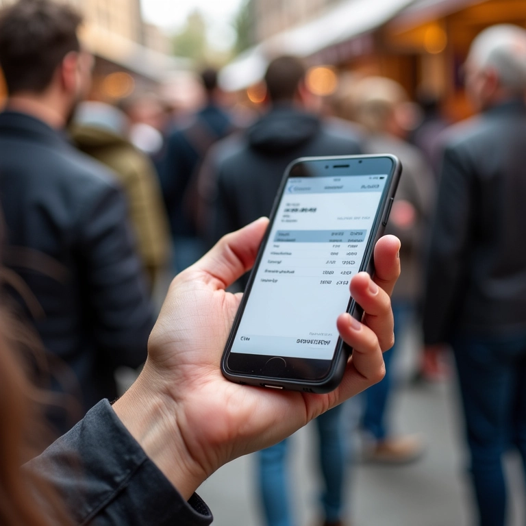 Mão emitindo nota fiscal eletrônica pelo celular em feira de eventos.