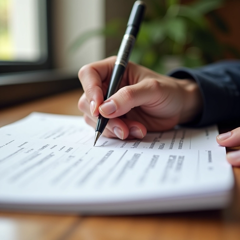 Mão escrevendo em um diário financeiro diariamente em uma mesa de madeira.