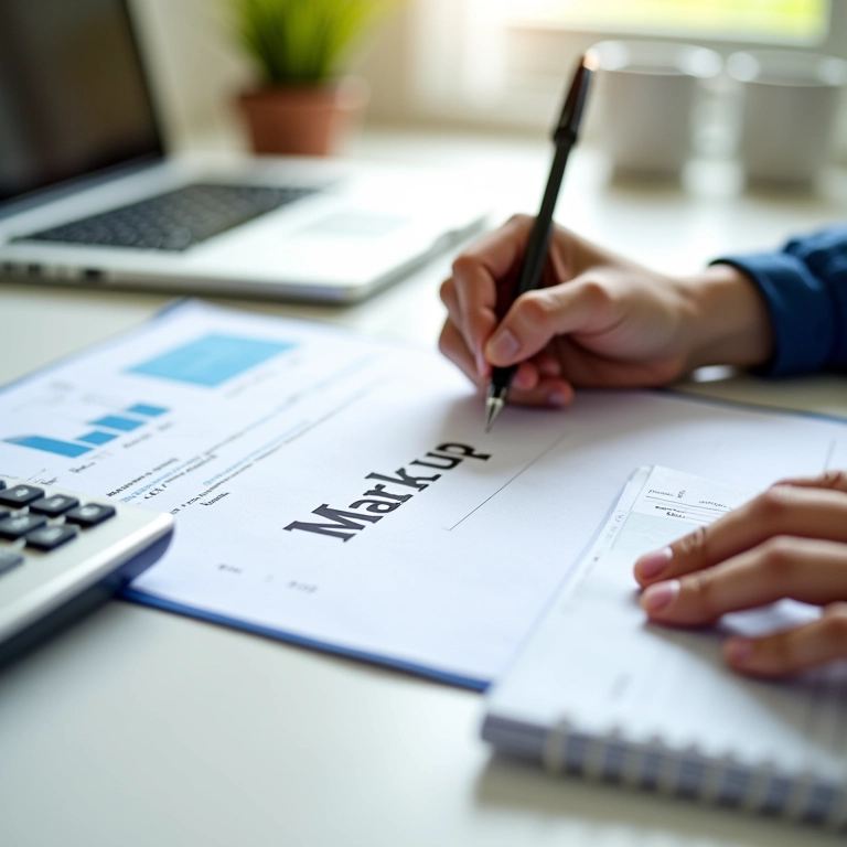 Mão escrevendo 'Markup' em um bloco de notas com calculadora e amostra de produto.