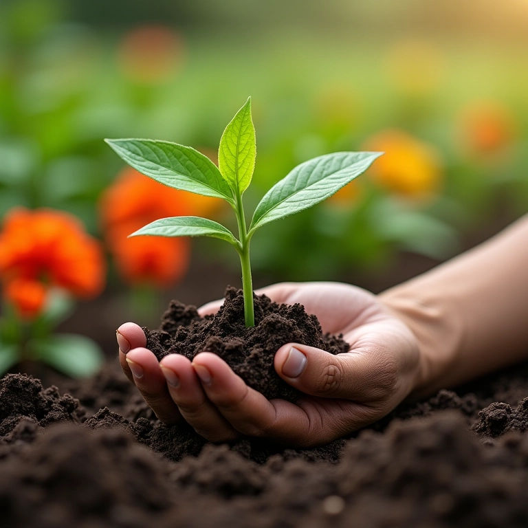 Mão experiente segurando muda, representando o aprendizado com o fracasso.