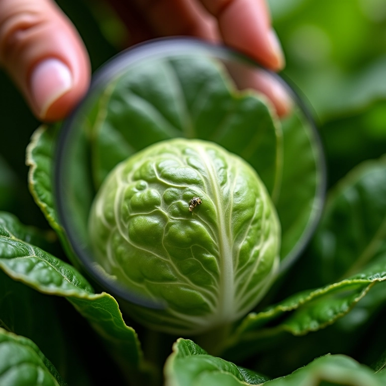 Mão inspecionando folhas de couve de Bruxelas em busca de pragas.