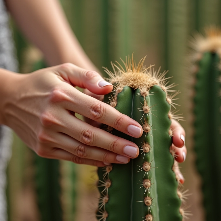 Mão limpando suavemente a poeira de um cacto, mantendo a beleza da planta.