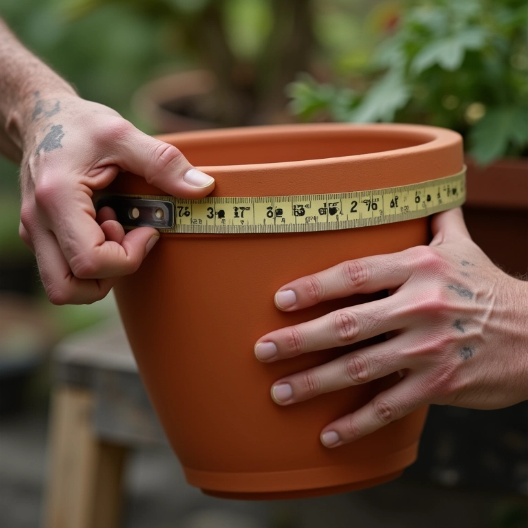 Mão medindo vaso de terracota para plantar couve de Bruxelas.