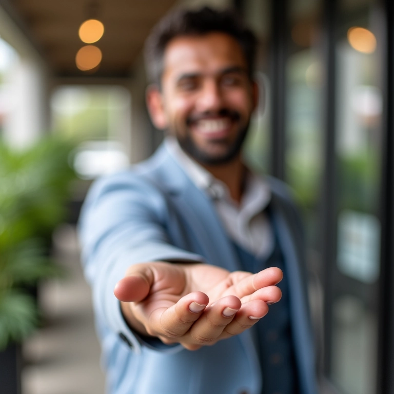 Mão oferece desconto para pagamento à vista com empresário sorrindo.