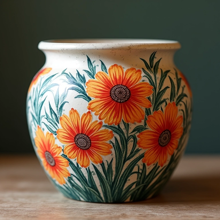 Mão pintando desenho floral detalhado em vaso de cerâmica, estilo artista brasileira.