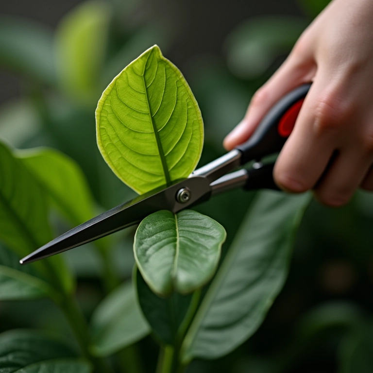 Mão podando folhas secas de um antúrio, com tesoura afiada e novo crescimento visível.