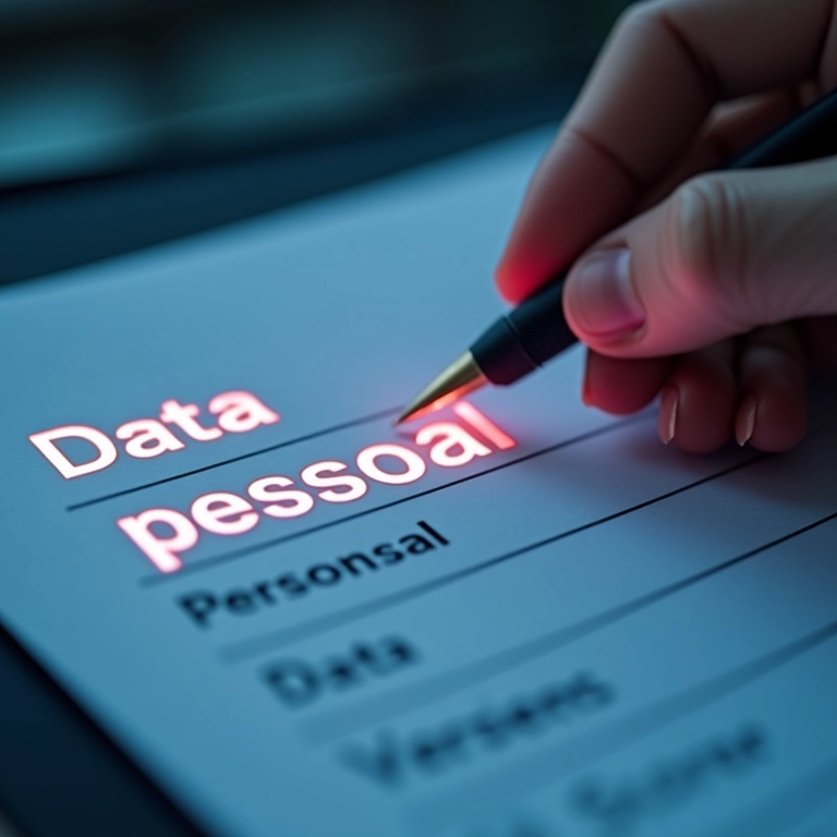 Mão preenchendo formulário online com campos de dados pessoais, com destaque sutil.