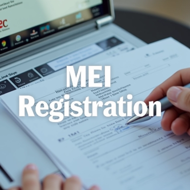 Mão preenchendo o formulário de inscrição no MEI em um laptop.