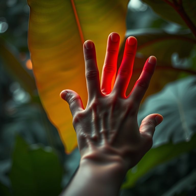 Mão prestes a tocar uma folha de taioba, com efeito de luz vermelha.