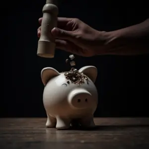 Mão quebrando um cofrinho com um martelo, simbolizando sonhos destruídos.