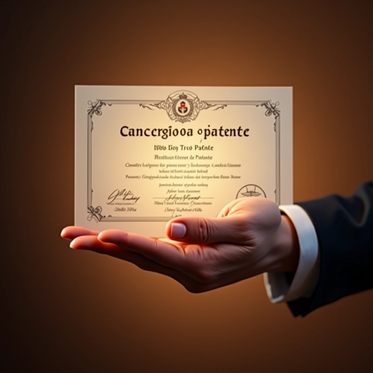 Mão recebendo certificado de concessão de patente.