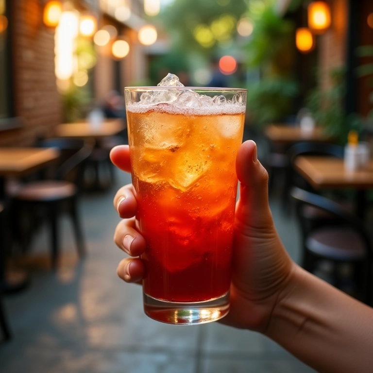Mão recusando um copo de refrigerante em um café ao ar livre.