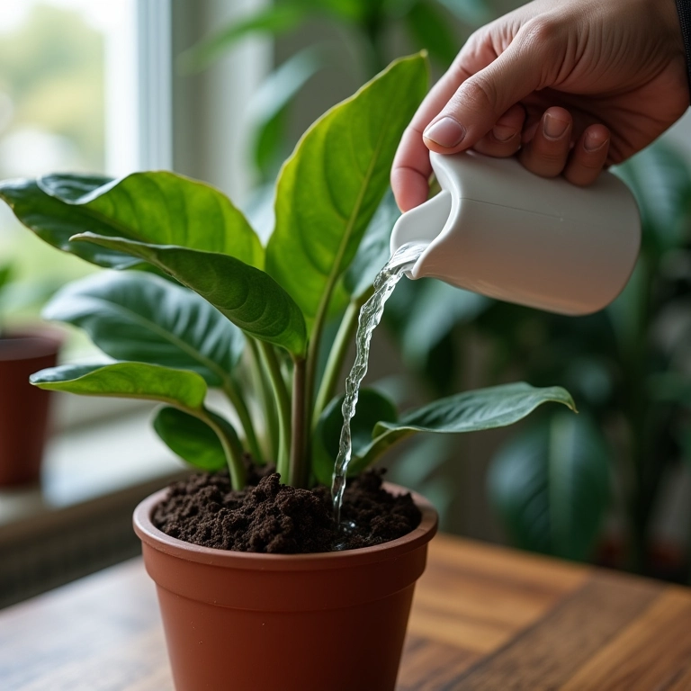 Mão regando cuidadosamente um antúrio em vaso de cerâmica, solo úmido mas não encharcado.