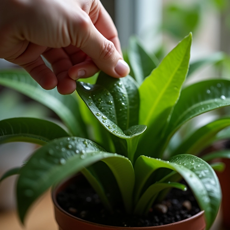 Mão regando delicadamente um Singônio.