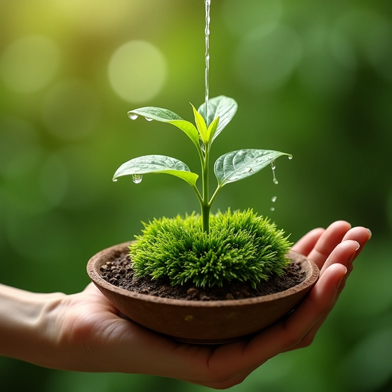 Mão regando kokedama, gotas de água no musgo.