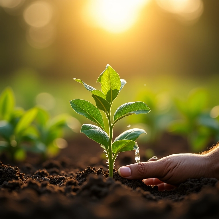 Mão regando planta de arruda, umidade do solo visível.