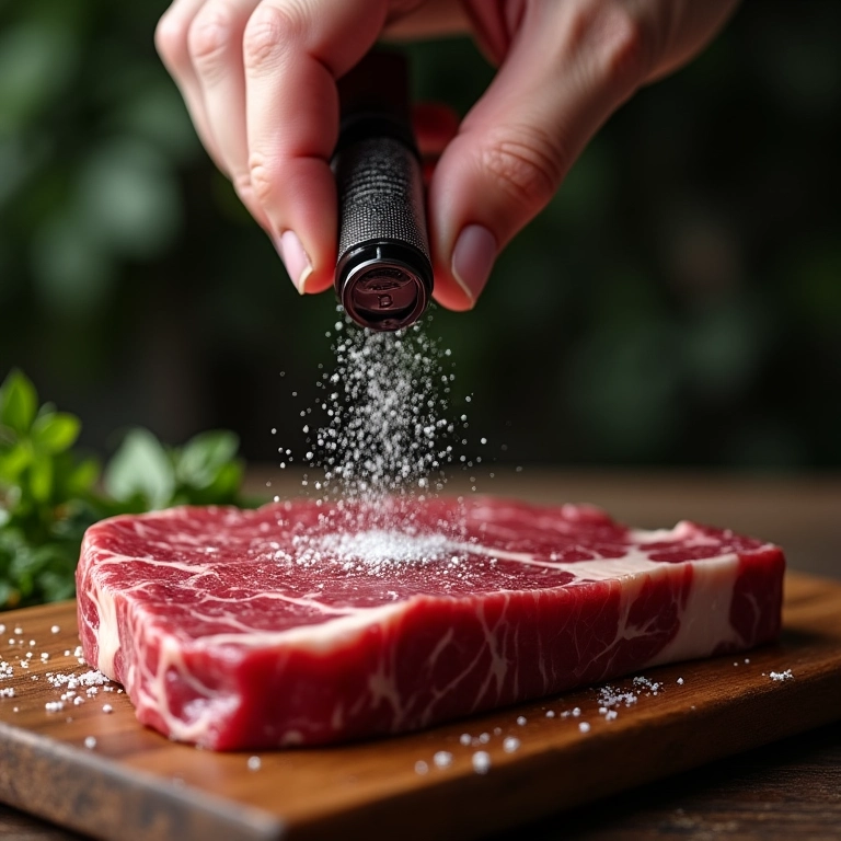 Mão salpicando sal na carne.