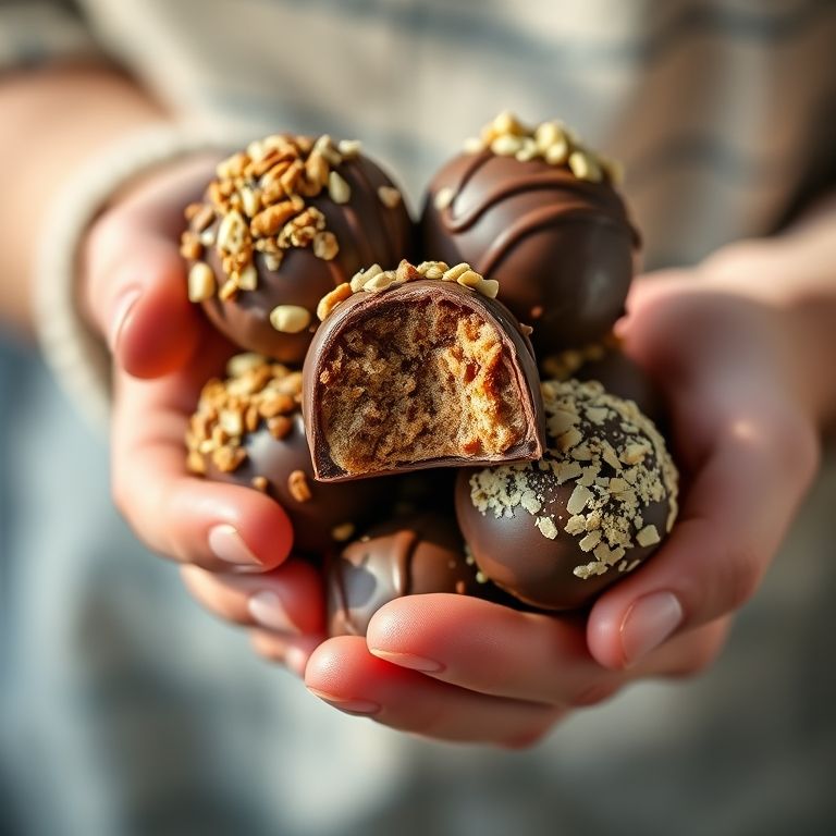 Mão segurando bombom caseiro coberto com chocolate e nozes.