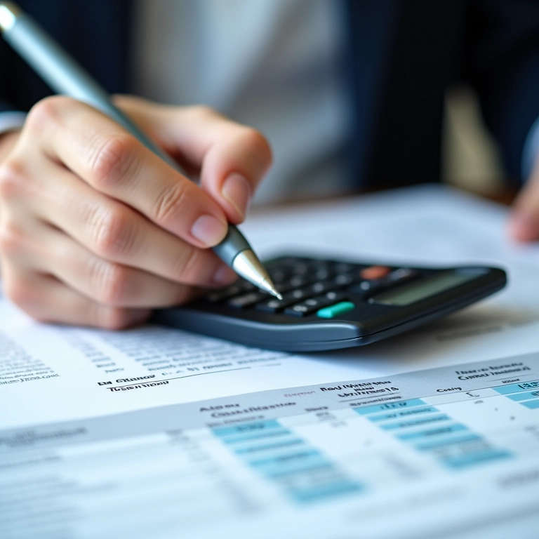 Mão segurando calculadora e caneta sobre documentos financeiros, representando valor máximo de crédito.