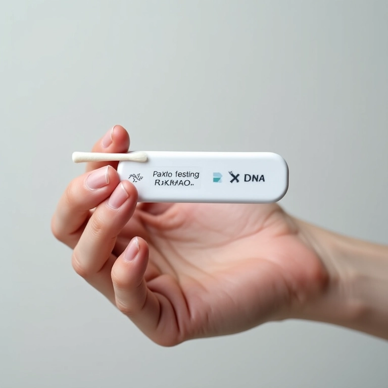 Mão segurando kit de teste genético.