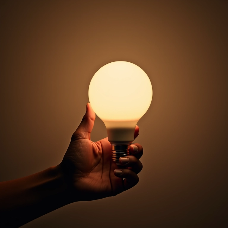 Mão segurando lâmpada de LED recomendada para sala de TV.