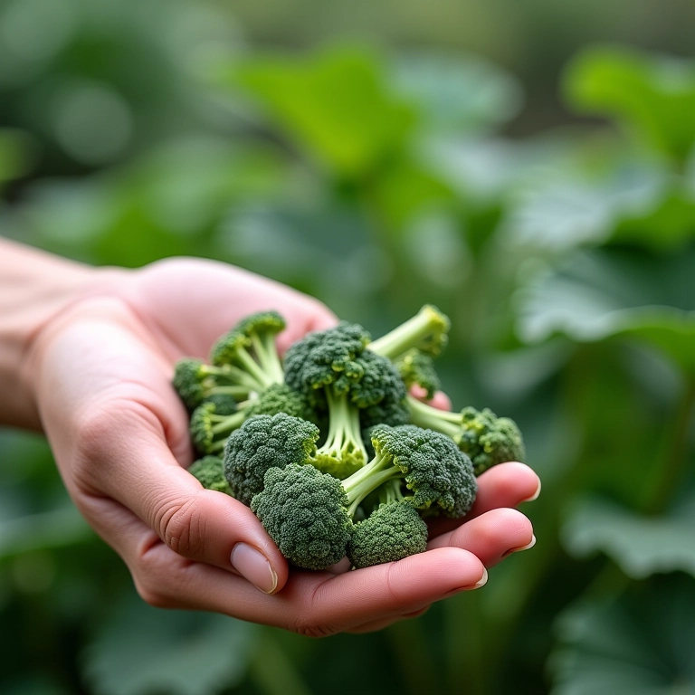 Mão segurando sementes de brócolis de diferentes tipos.