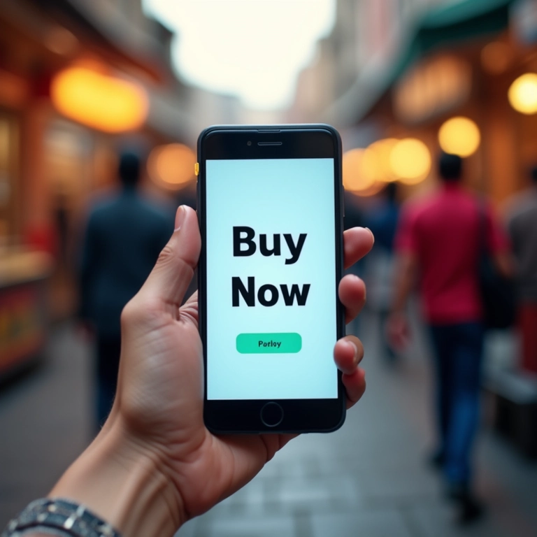 Mão segurando smartphone com botão 'compre agora', ilustrando gatilhos mentais.