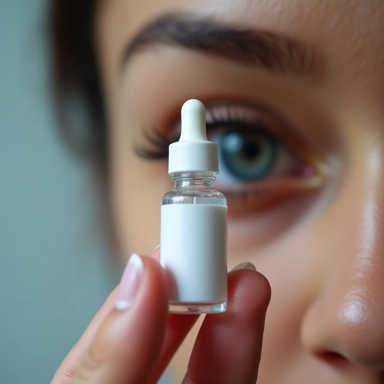 Mão segurando um frasco de colírio, com foco no aplicador.