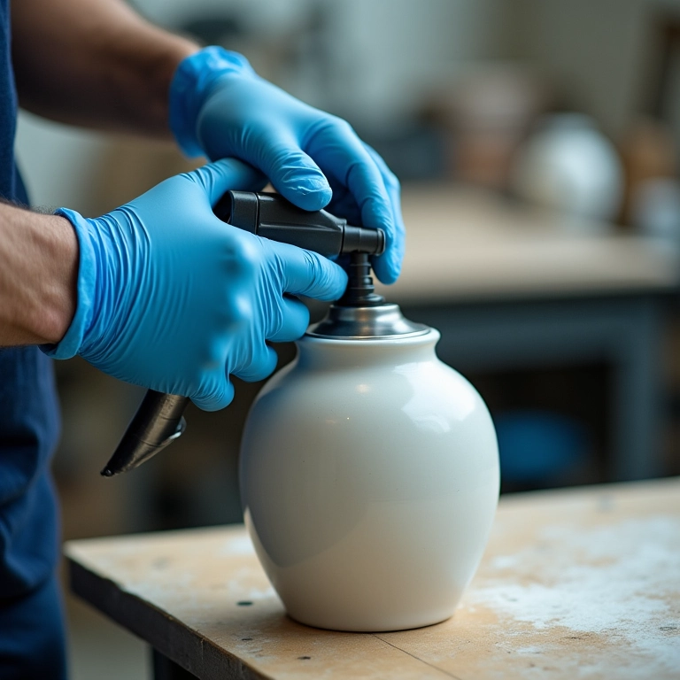 Mão usando tinta spray em vaso de cerâmica em oficina iluminada.