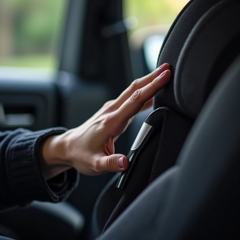 Mão verificando a conexão ISOFIX da cadeirinha, garantindo a instalação correta.
