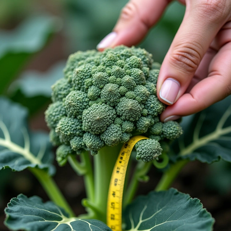 Mão verificando se brócolis está pronto para colheita.